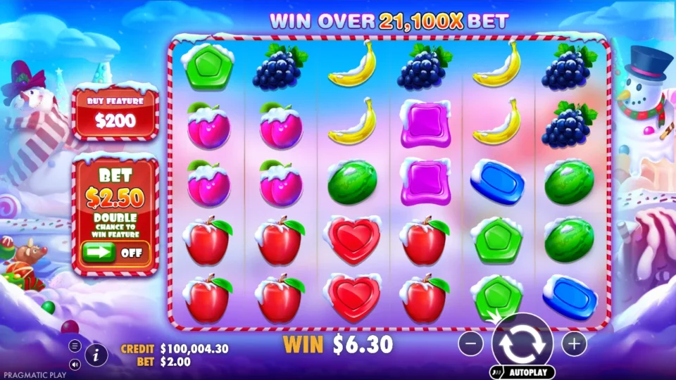Sweet Bonanza Xmas: Snow-capped fruit and candy fill the six reels of the demo at a USD 2.00 bet, beside a USD 200 Buy Feature sign and the USD 2.50 double-chance switch set to off