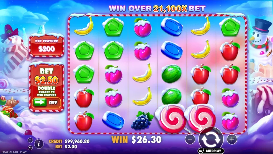 Sweet Bonanza Xmas: Two lollipops rest on the bottom row of reels 4 and 5 after base tumbles that paid USD 26.30