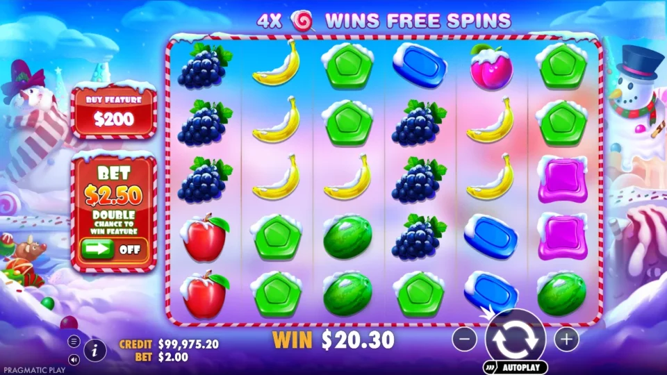 Sweet Bonanza Xmas: Grapes, bananas and green candies remain after a USD 20.30 base spin, the banner overhead explaining that four lollipops win free spins