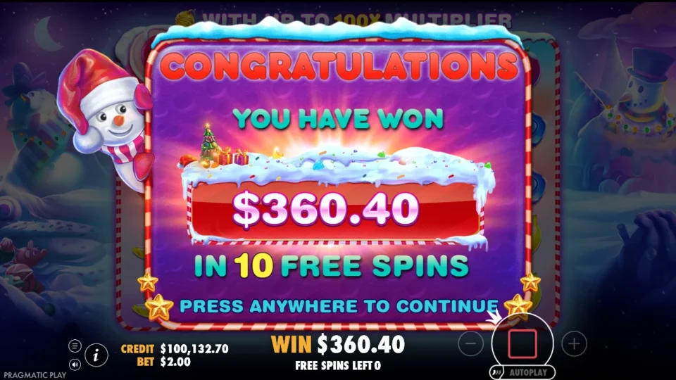 Sweet Bonanza Xmas: The snowman's closing card shows the bought bonus result, USD 360.40 from 10 free spins