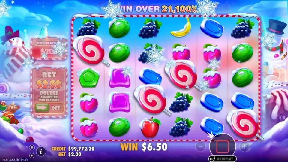 Sweet Bonanza Xmas: Snowflakes fall as the purchased spin brings four lollipops, enough for free spins, and the win box shows USD 6.50