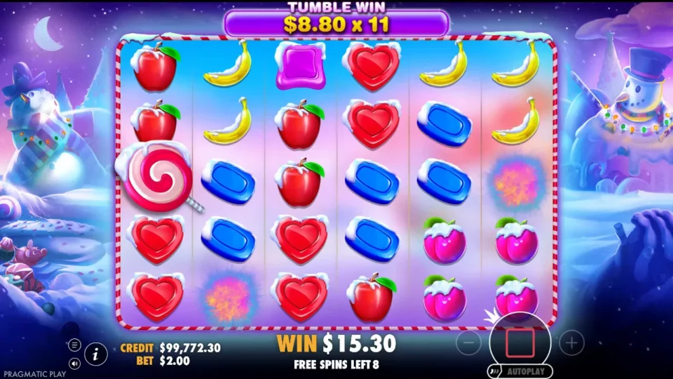 Sweet Bonanza Xmas: The tumble banner reads USD 8.80 x 11 as two ornaments burst, with eight free spins left