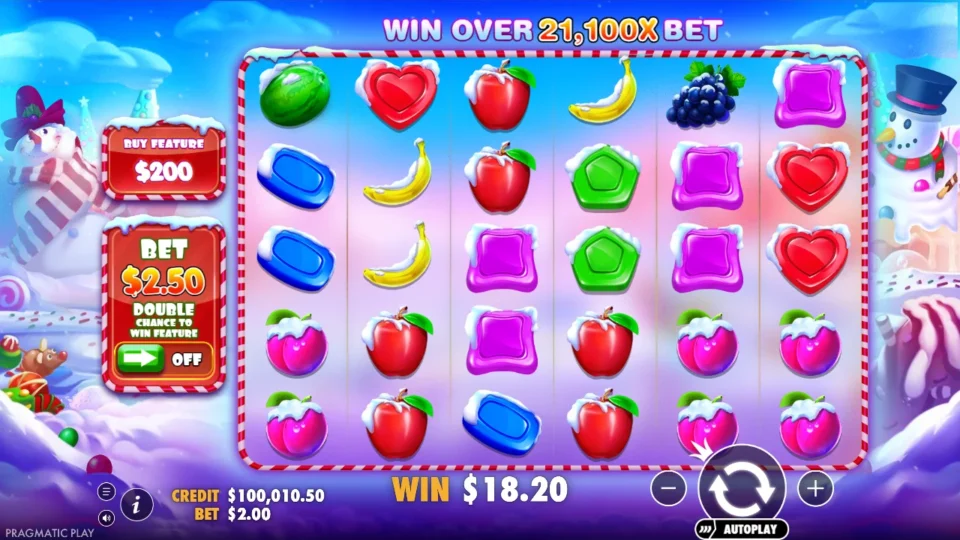 Sweet Bonanza Xmas: Pink plums and red apples crowd the lower two rows once a spin worth USD 18.20 has finished tumbling