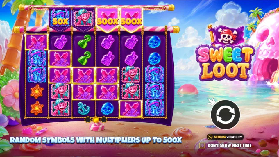 Sweet Loot: Intro slide on random multipliers up to 500x, two 500x tags over crossed swords and a 50x on an octopus in the extra top row