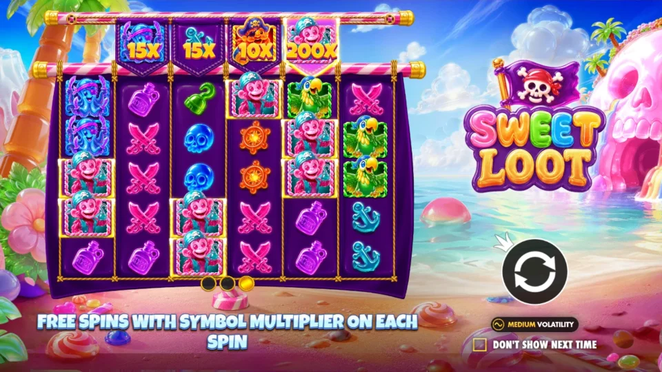 Sweet Loot: Third intro slide promising a symbol multiplier on every free spin, the row above reels 2 to 5 showing 15x, 15x, 10x and 200x