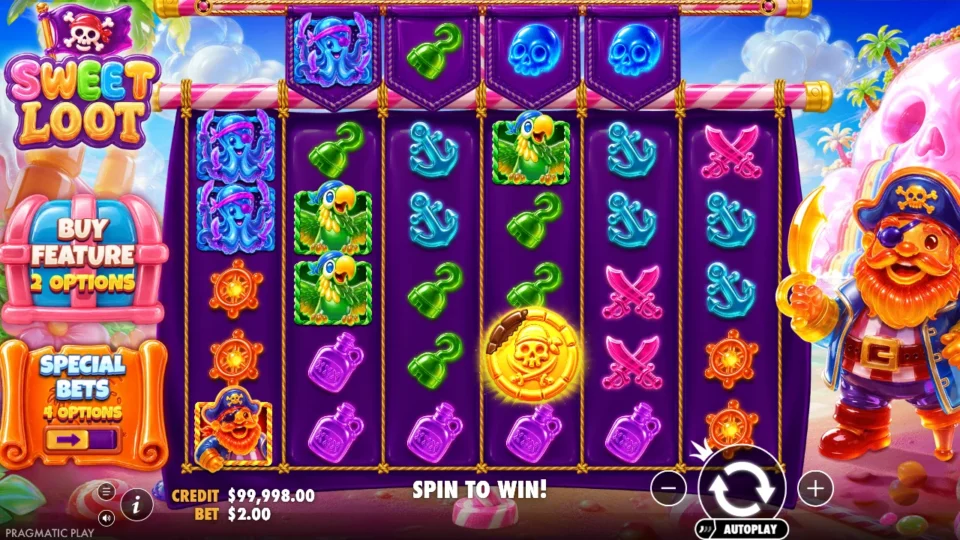 Sweet Loot: Opening demo board at a USD 2.00 bet, one gold coin Scatter on reel 4 and no multiplier on the four extra top cells, beside the Buy Feature and Special Bets panels