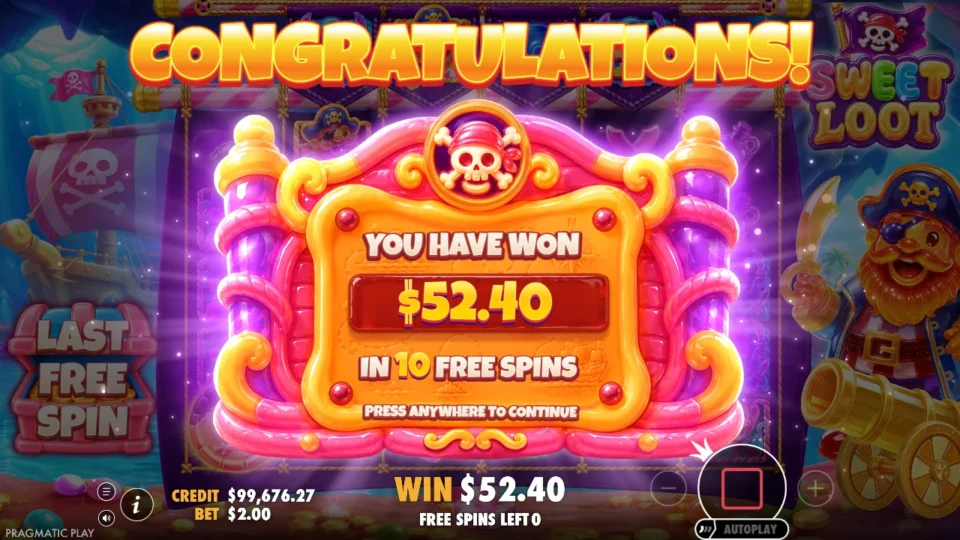 Sweet Loot: YOU HAVE WON USD 52.40 in 10 free spins, the result card of the USD 200 bonus buy