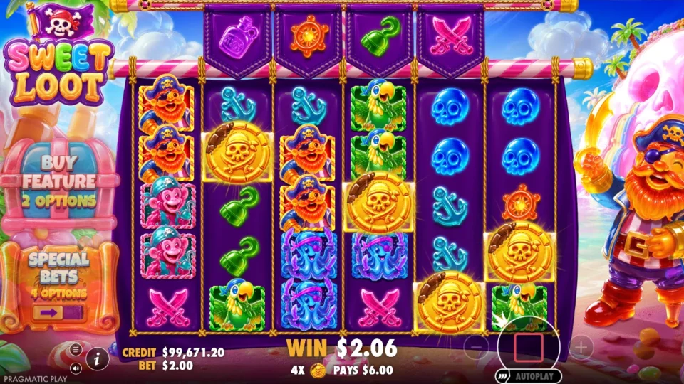 Sweet Loot: Four gold coin Scatters on reels 2, 4, 5 and 6 pay USD 6.00 and open the bought free spins