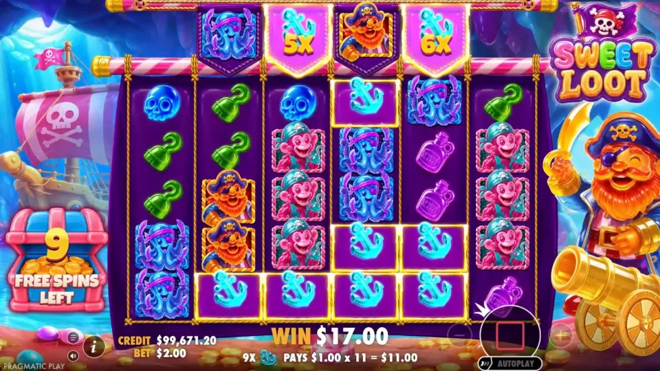 Sweet Loot: First bought free spin, nine anchors under a 5x and a 6x that add up to 11x, paying USD 1.00 x 11 = USD 11.00