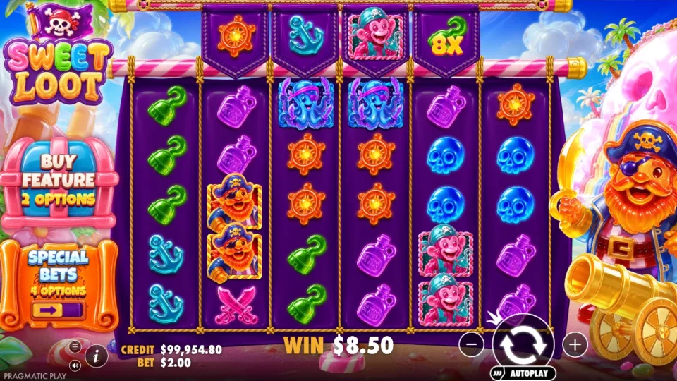 Sweet Loot: A hook tagged 8x in the extra cell above reel 5 while the win box shows USD 8.50 after a base spin