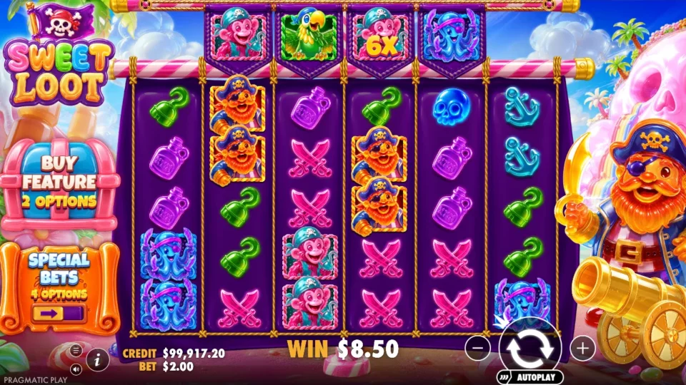 Sweet Loot: Base spin paying USD 8.50 with a 6x monkey above reel 4 and pairs of pirates on reels 2 and 4