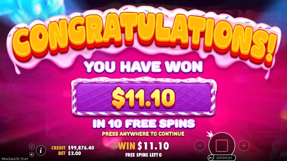 Sweet Rush Bonanza: USD 11.10 from ten free spins bought for USD 200, shown on the Congratulations card at a USD 2.00 bet