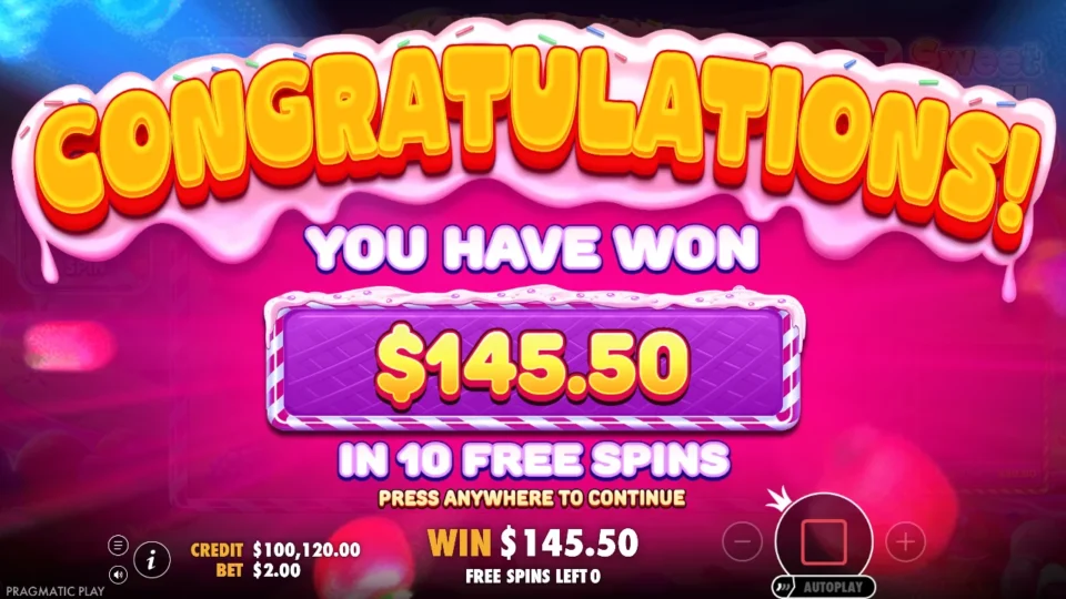 Sweet Rush Bonanza: You Have Won USD 145.50 in 10 Free Spins, the natural bonus result, as the credit climbs to USD 100,120.00