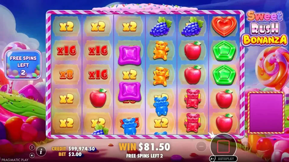 Sweet Rush Bonanza: Free spins left 2, x16 spots on the first two reels, an x8 below them and USD 81.50 in the win box
