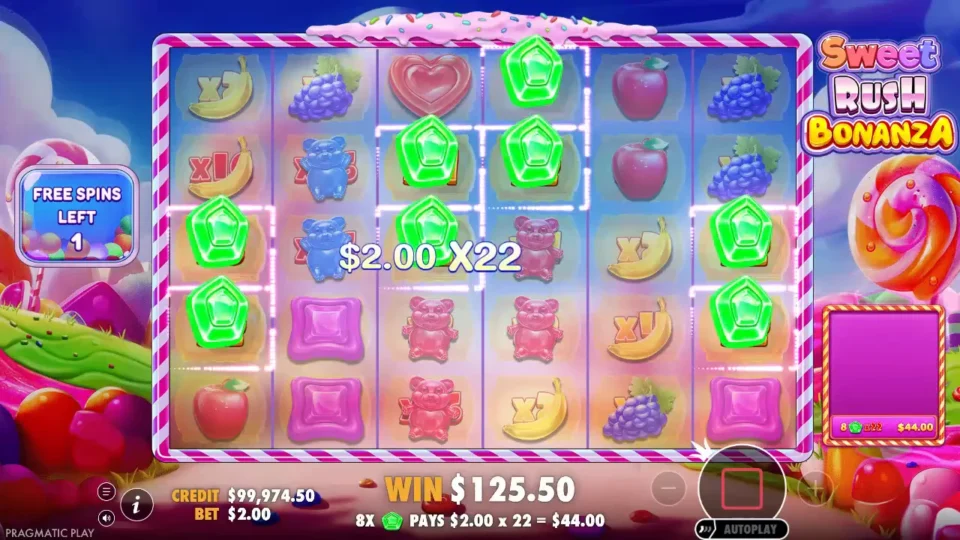 Sweet Rush Bonanza: One free spin left, eight green pentagons pay USD 2.00 x 22 = USD 44.00 and the win box shows USD 125.50