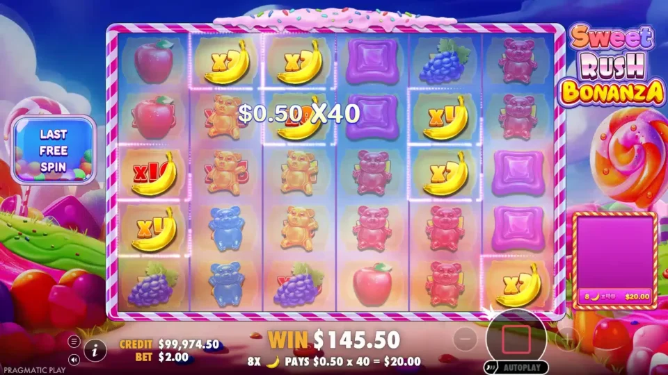 Sweet Rush Bonanza: Last free spin, eight bananas on spots adding up to x40 pay USD 0.50 x 40 = USD 20.00 and the win box reaches USD 145.50