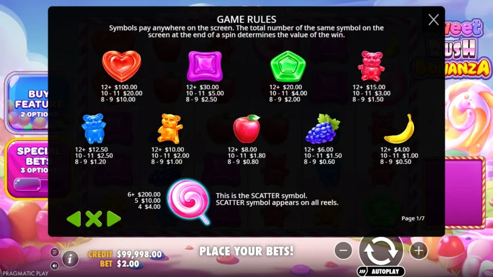 Sweet Rush Bonanza rules, page 1