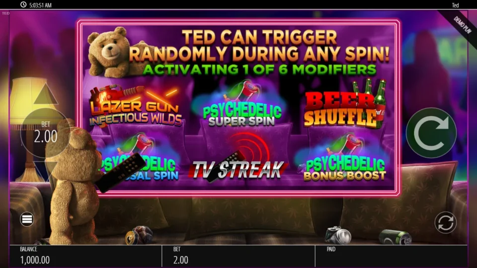 Ted: Opening screen of the demo at a USD 2.00 bet, listing six random modifiers from Lazer Gun Infectious Wilds to Psychedelic Bonus Boost