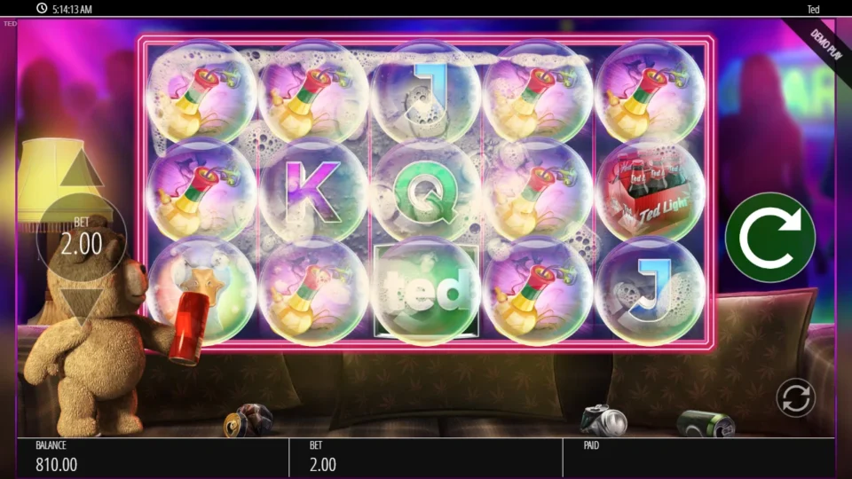Ted: A bubble effect covers all five reels, with eight bongs among the symbols underneath