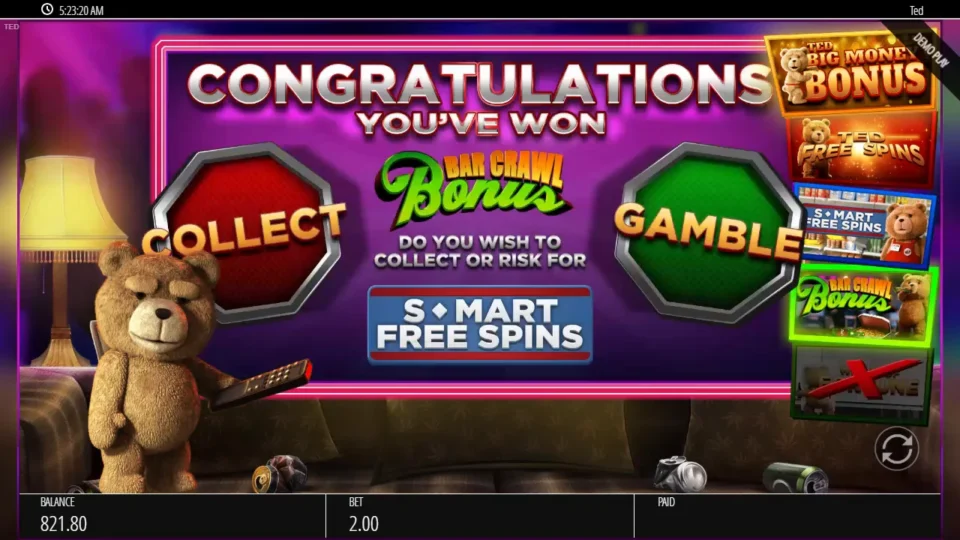 Ted: Bar Crawl Bonus won on the bonus ladder after a natural trigger, with an offer to risk it for S-Mart Free Spins