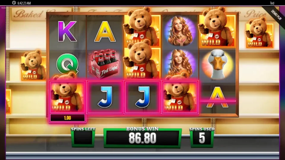 Ted: Free spins result of USD 86.80 in the BONUS WIN box after the fifth and last S-Mart spin at a USD 2.00 bet