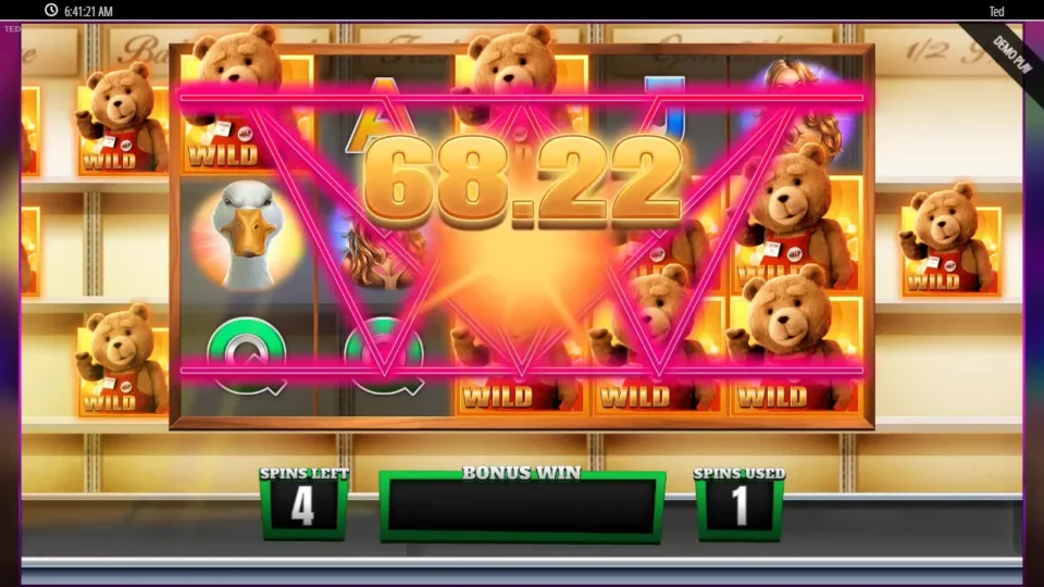 Ted: First S-Mart free spin with bear Wilds across the reels and the spin's win still counting past USD 68 on its way to USD 72.60