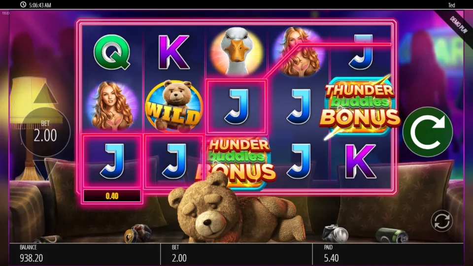 Ted: Two Thunder Buddies Bonus symbols on reels 3 and 5, one short of the bonus, as three Js pay USD 0.40