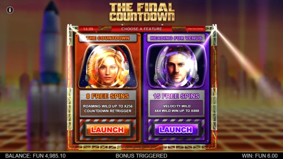 The Final Countdown: The bonus menu offers eight Countdown free spins or fifteen Heading for Venus spins