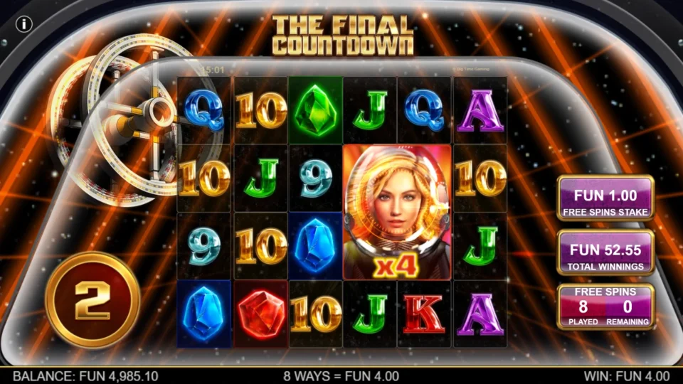 The Final Countdown: Eight spins end at FUN 52.55 on the result screen, leaving two Countdown points