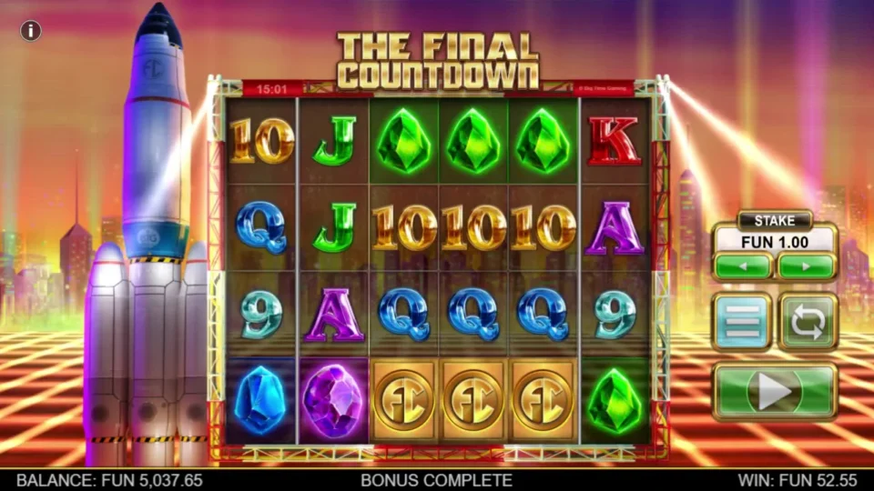 The Final Countdown: BONUS COMPLETE appears below the restored trigger field and WIN shows FUN 52.55