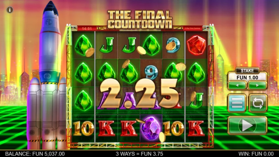 The Final Countdown: Green gems connect across all six reels, with three ways worth FUN 3.75 shown below