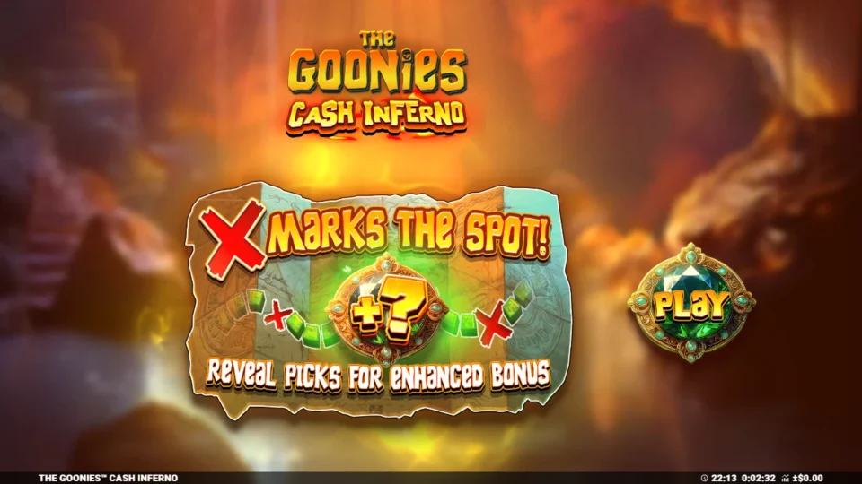 The Goonies Cash Inferno: X MARKS THE SPOT splash that opens the demo, where revealed picks enhance the bonus