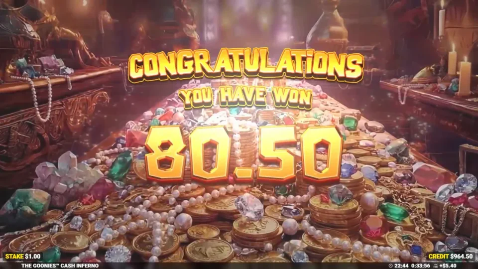 The Goonies Cash Inferno: CONGRATULATIONS card with the USD 80.50 result of 19 Inferno Spins at a USD 1.00 stake