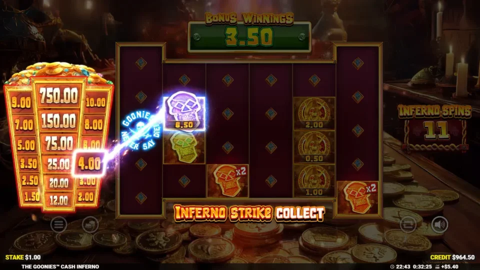 The Goonies Cash Inferno: A skeleton key on reel 2 draws 4.00 from the Cash Inferno tower and now reads 6.50, with 11 Inferno Spins left