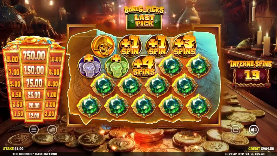 The Goonies Cash Inferno: Last of 8 BONUS PICKS still to open, after a gold skull upgrade, +1, +1, +3 and +4 spins and two skeleton keys set 19 Inferno Spins