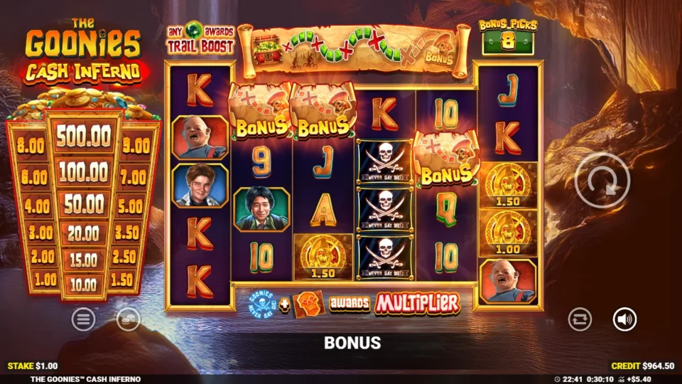 The Goonies Cash Inferno: Three BONUS scatters on reels 2, 3 and 5 start the free spins with 8 BONUS PICKS banked on the trail