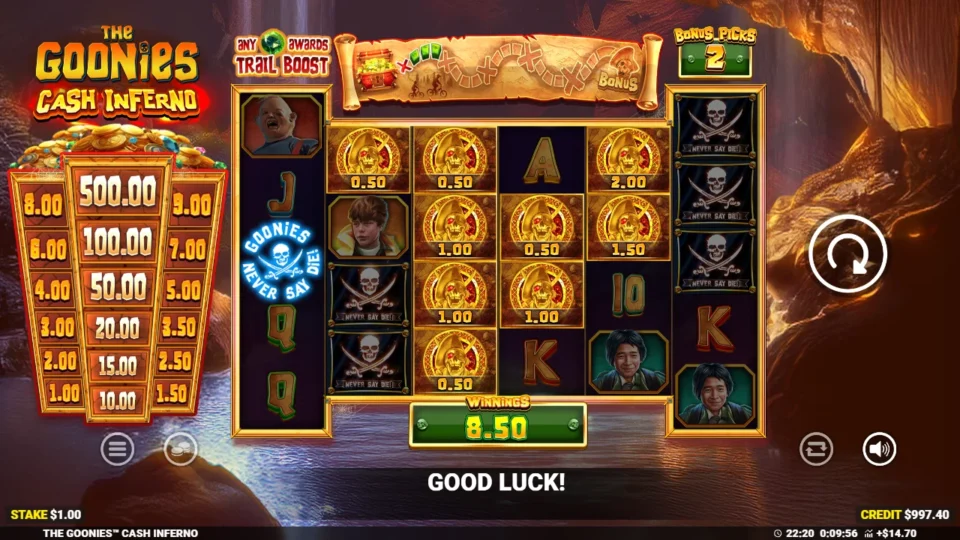 The Goonies Cash Inferno: A Collect symbol on reel 1 gathers nine doubloons worth 0.50 to 2.00, USD 8.50 in winnings