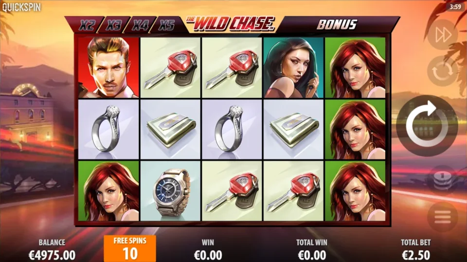 The Wild Chase: Ten free spins open at EUR 2.50 with the running win still at zero