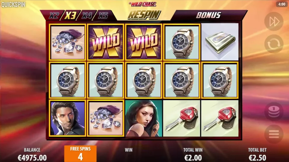 The Wild Chase: Two held Wilds lift the multiplier to 3x while watches fill the middle row with four free spins left