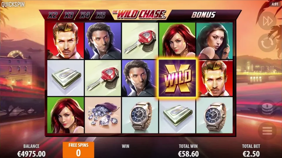 The Wild Chase: The free-spin counter reaches zero with EUR 58.60 accumulated and a Wild on reel four