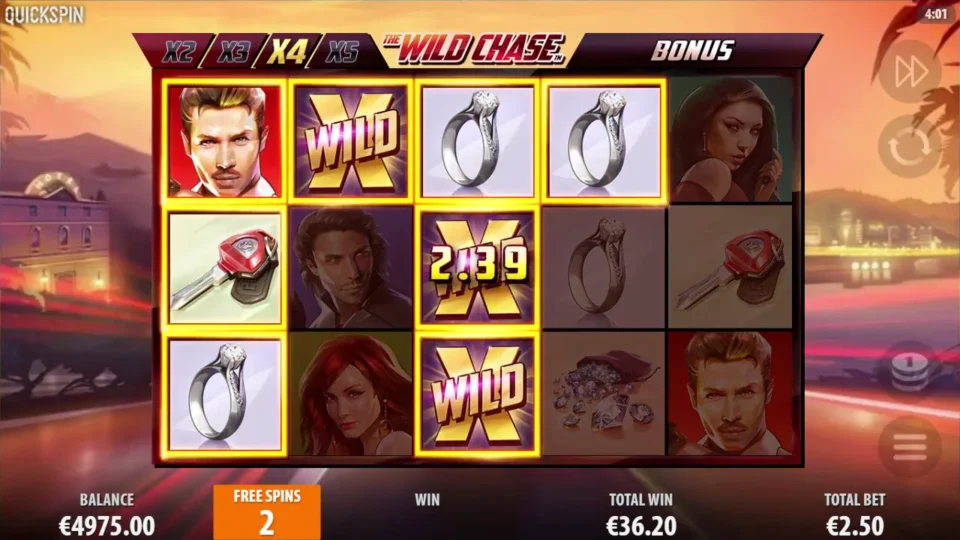 The Wild Chase: Three Wilds activate 4x with two free spins remaining and EUR 36.20 accumulated