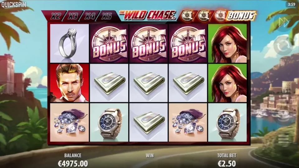 The Wild Chase: Three Bonus Scatters occupy reels two, three and four before the free spins begin