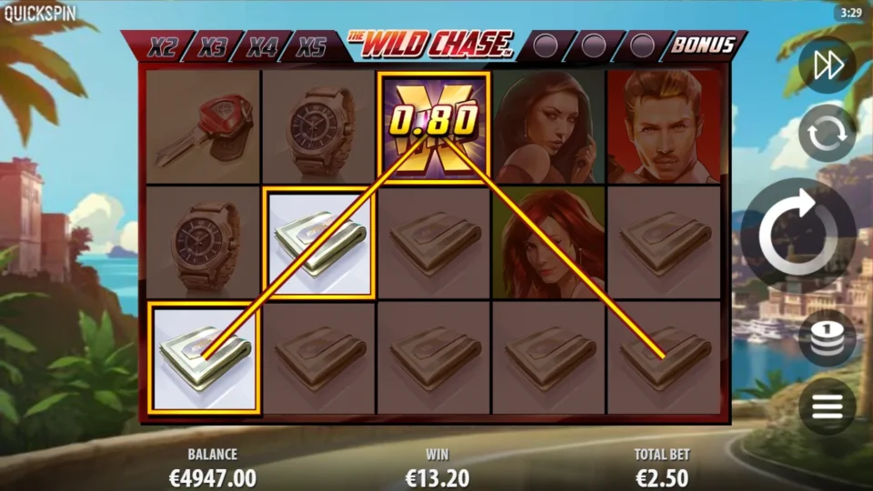 The Wild Chase: A money-clip line pays EUR 0.80 through the top Wild while the total shows EUR 13.20