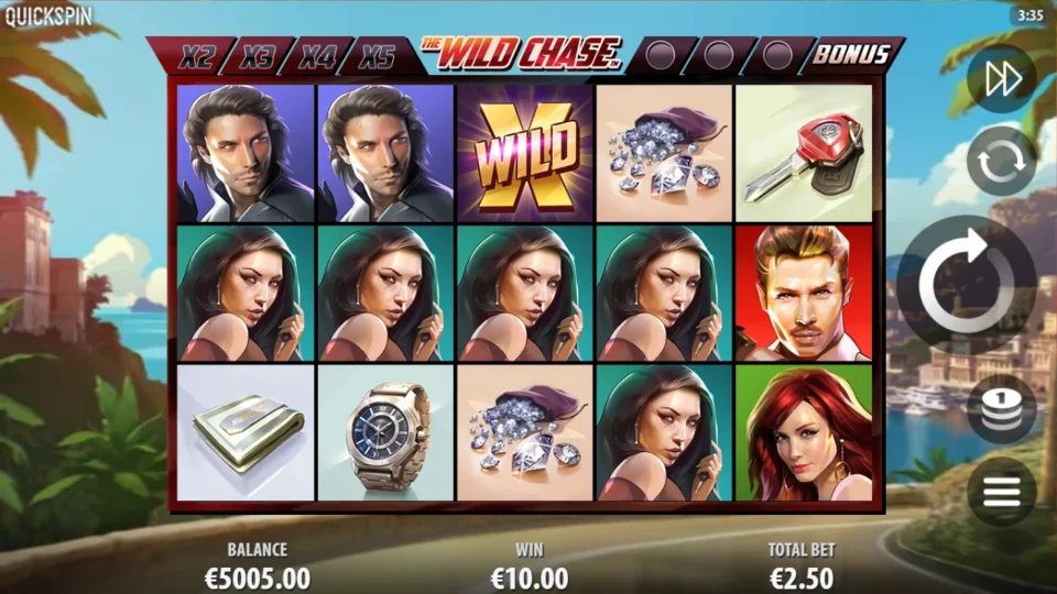 The Wild Chase: Four brunette portraits cross the middle row beneath a Wild above the EUR 10 total