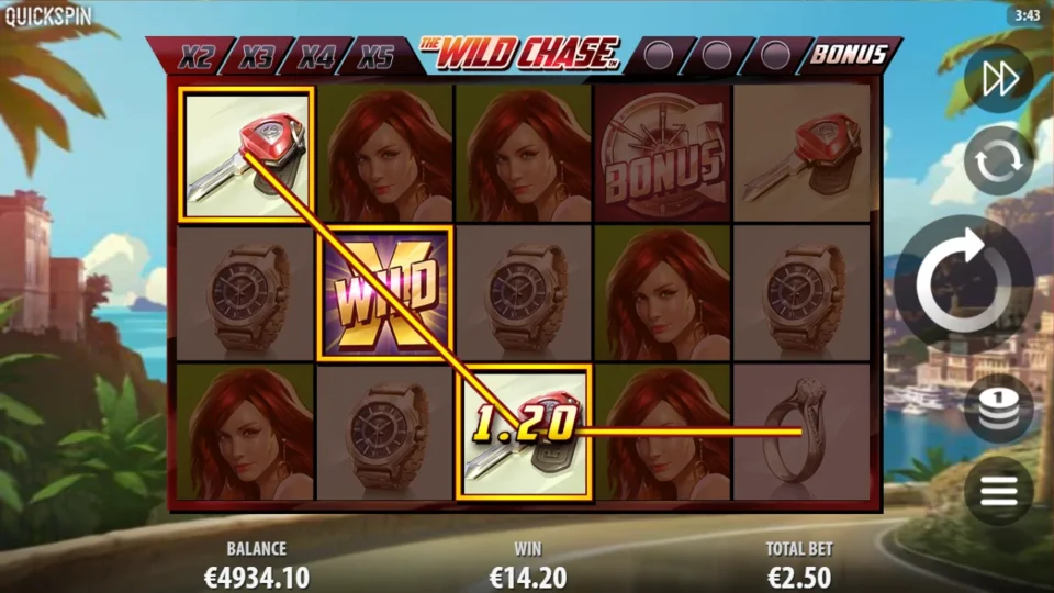 The Wild Chase: Two red car keys connect through the central Wild for EUR 1.20 within a EUR 14.20 round