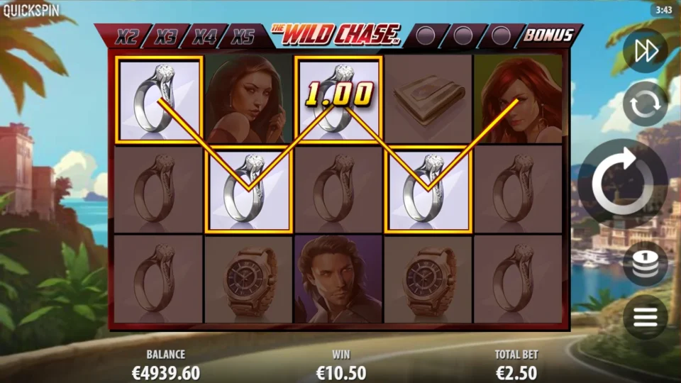 The Wild Chase: Four highlighted rings pay EUR 1 on a rising and falling line while WIN reads EUR 10.50