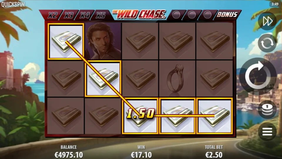The Wild Chase: Five money clips complete a EUR 1.50 line across a field showing EUR 17.10
