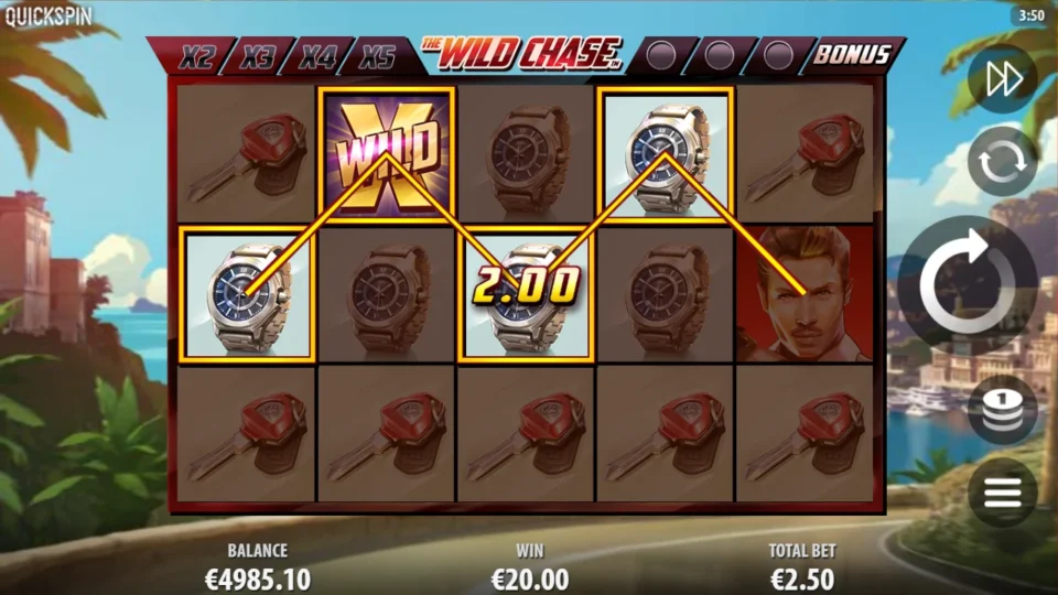 The Wild Chase: Five keys fill the bottom row while a watch line pays EUR 2 within a EUR 20 round