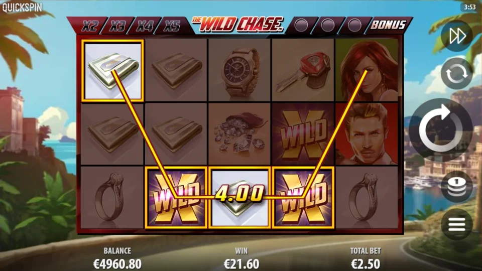 The Wild Chase: Three Wilds share the field as a EUR 4 money-clip line is highlighted above the EUR 21.60 total