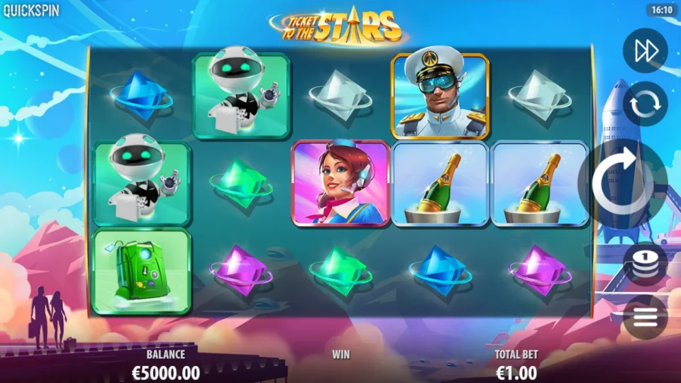 Ticket to the Stars: Five reels of crew, gems and champagne at a 1.00 total bet on 25 lines